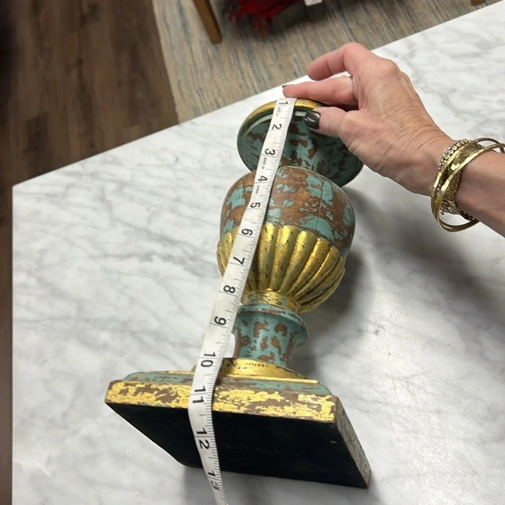 Pottery Barn Set of Two Gold and Teal Distressed Wooden Candle Holders